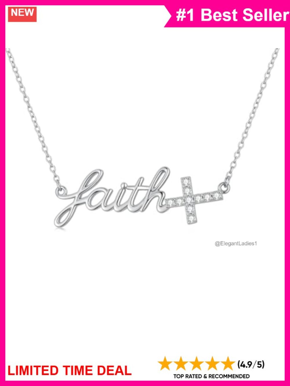 925 Sterling Silver Faith Cross Necklace Cubic Zirconia Pendant 16+2 Inch